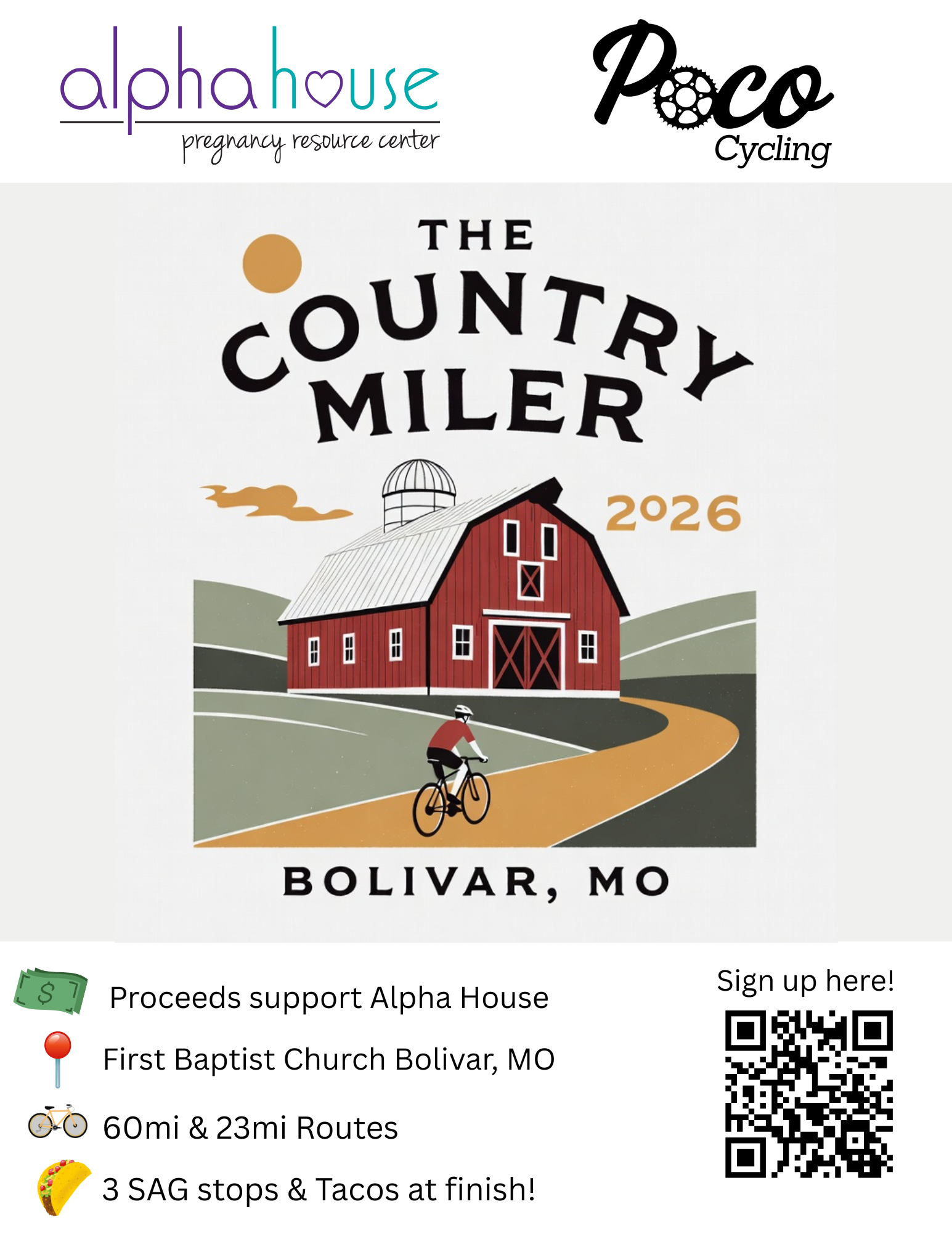 The Country Miler 2026 flyer — Bolivar, MO. Proceeds support Alpha House. 60mi and 23mi routes from First Baptist Church Bolivar, 3 SAG stops and tacos at finish.