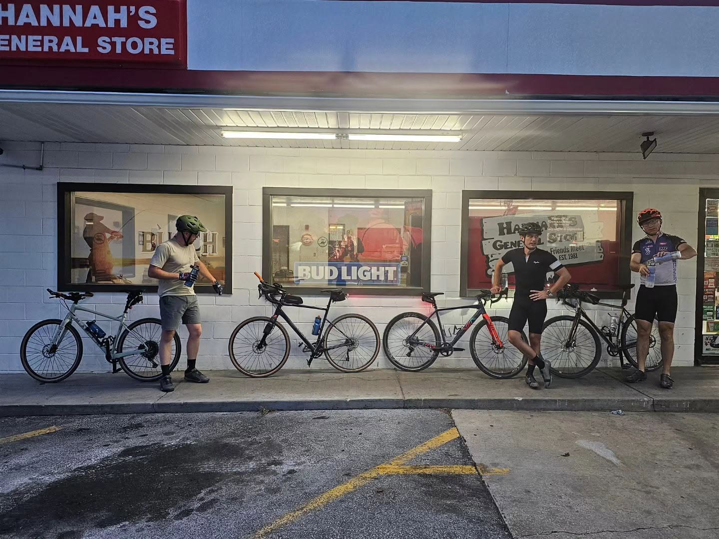 Riders refueling at Hannah's General Store after dark